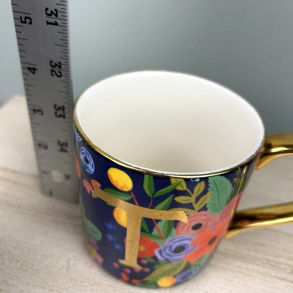 Anthropologie x Rifle Paper Co T Initial Mug Boho Floral Blue Coffee Cup Anthro - Picture 11 of 12